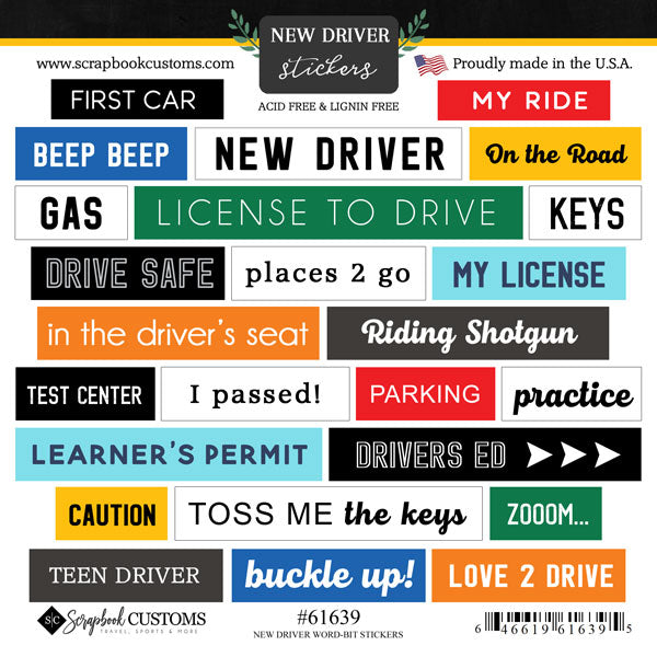 Scrapbook Customs NEW DRIVER WORDBIT 6X6 Stickers 25pc