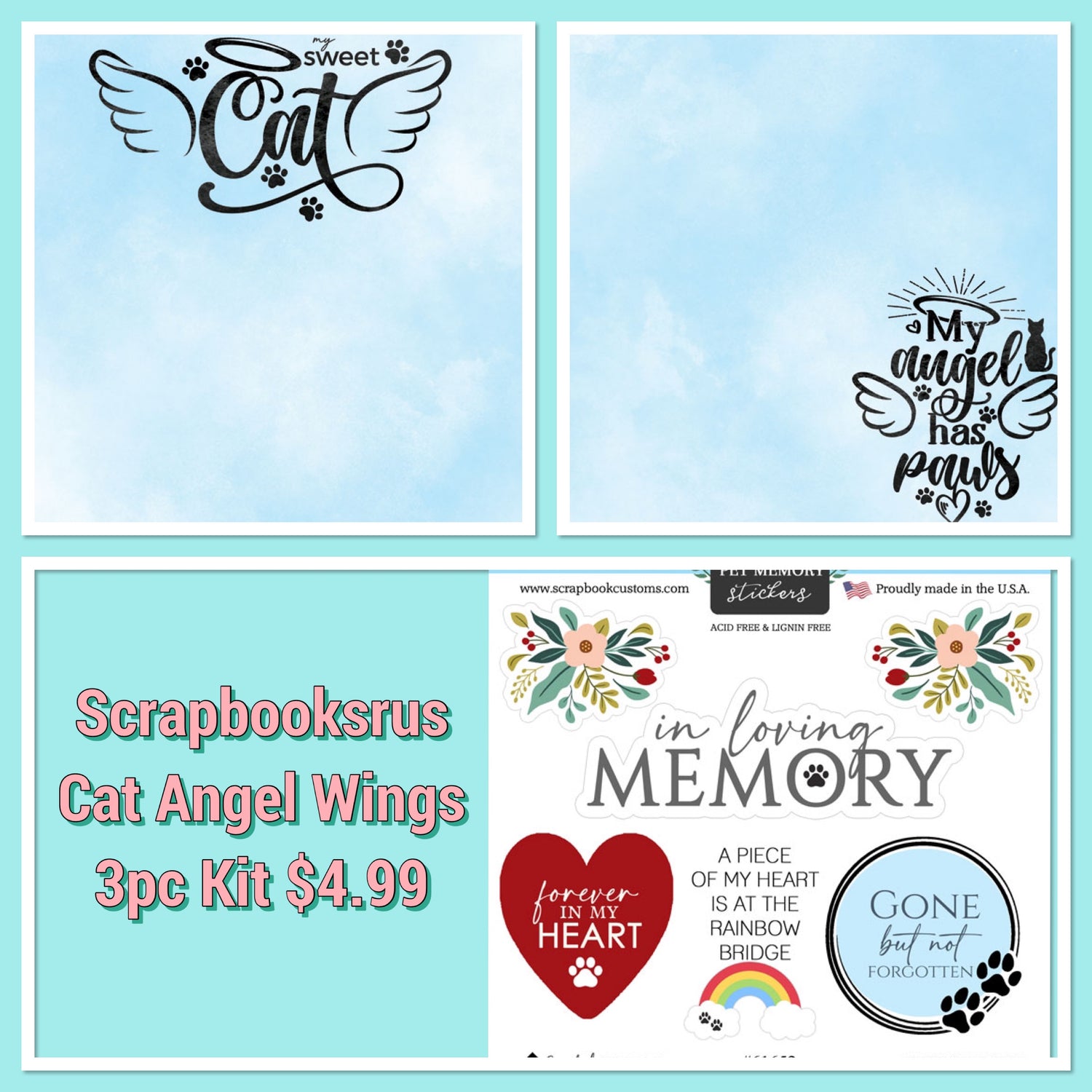 CAT ANGEL WINGS KIT 12X12 Scrapbook Paper Stickers 3pc