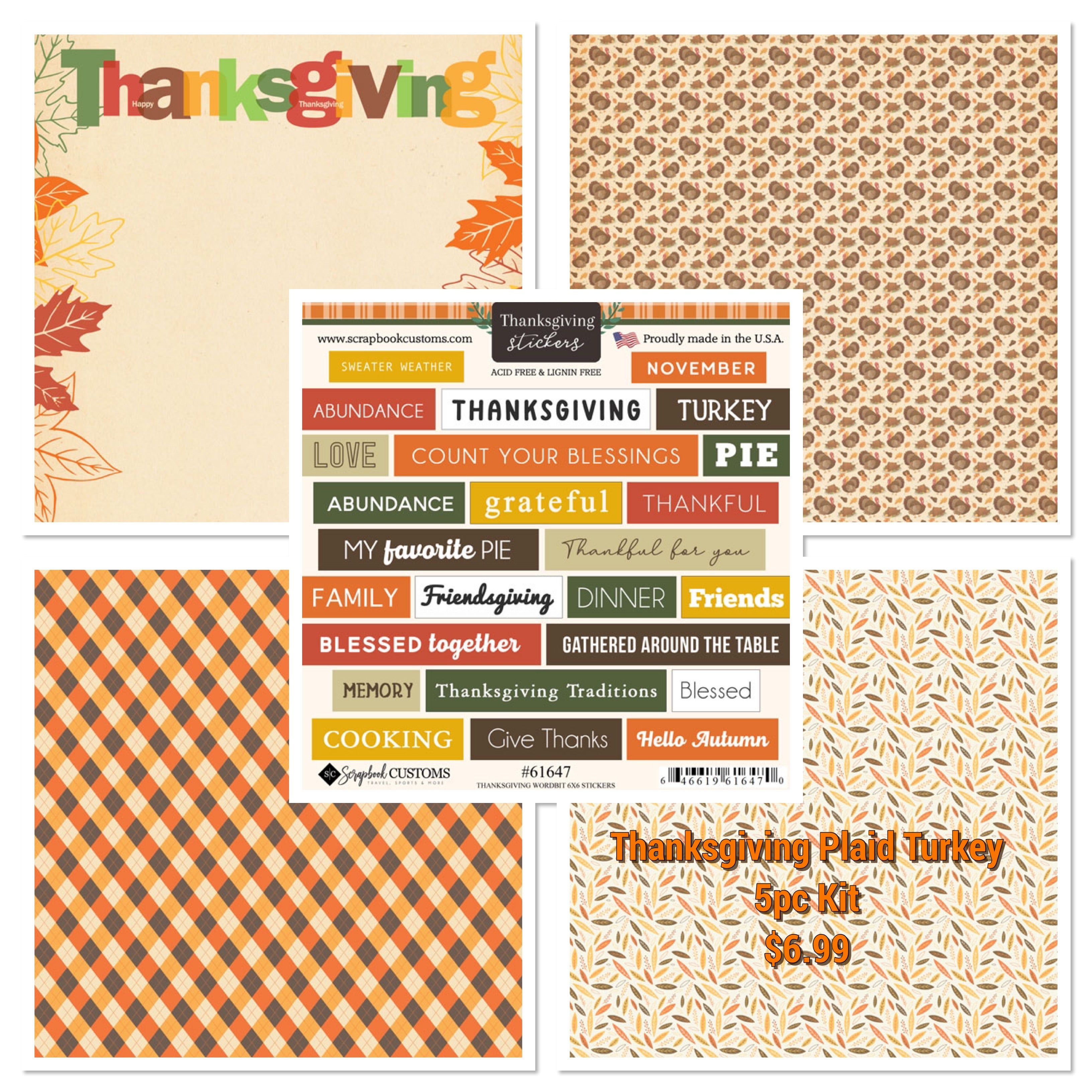 THANKSGIVING PLAID TURKEY KIT 12X12 Scrapbook Paper Stickers 5pc