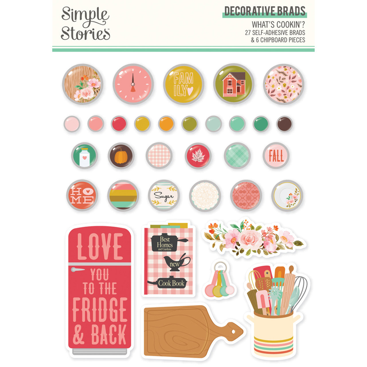 Simple Stories WHAT’S COOKIN’? Decorative BRADS &amp; CHIPBOARD Pieces 32pc
