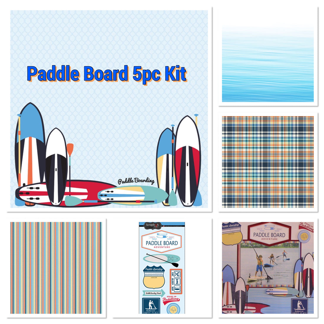 Scrapbooksrus PADDLE BOARD KIT 12"x12" Scrapbook Paper Stickers 5pc