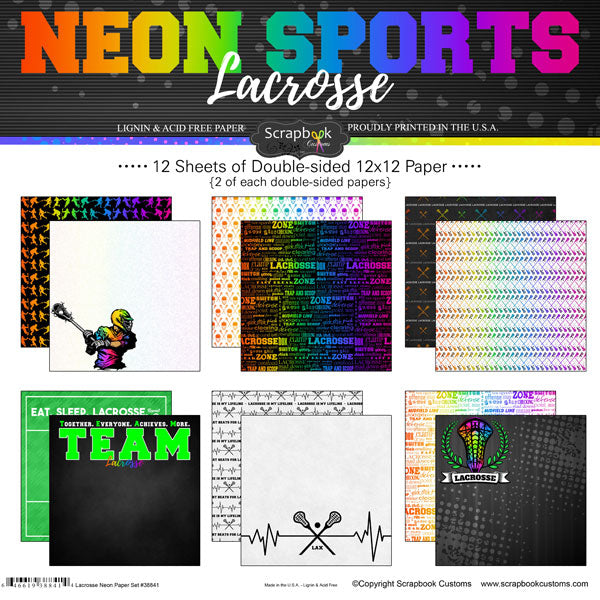 Neon Sports LACROSSE KIT 12&quot;X12&quot; Scrapbook Paper 12 Sheets