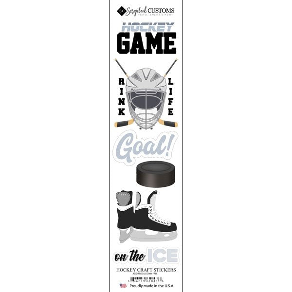 Hockey-themed craft stickers with helmet, skates, and puck on a white background