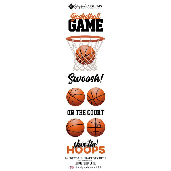 Basketball-themed craft stickers with basketballs and hoop design on a white background