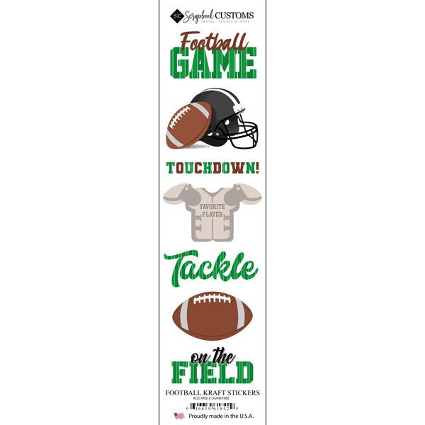 Football-themed kraft stickers with graphics and text on a white background