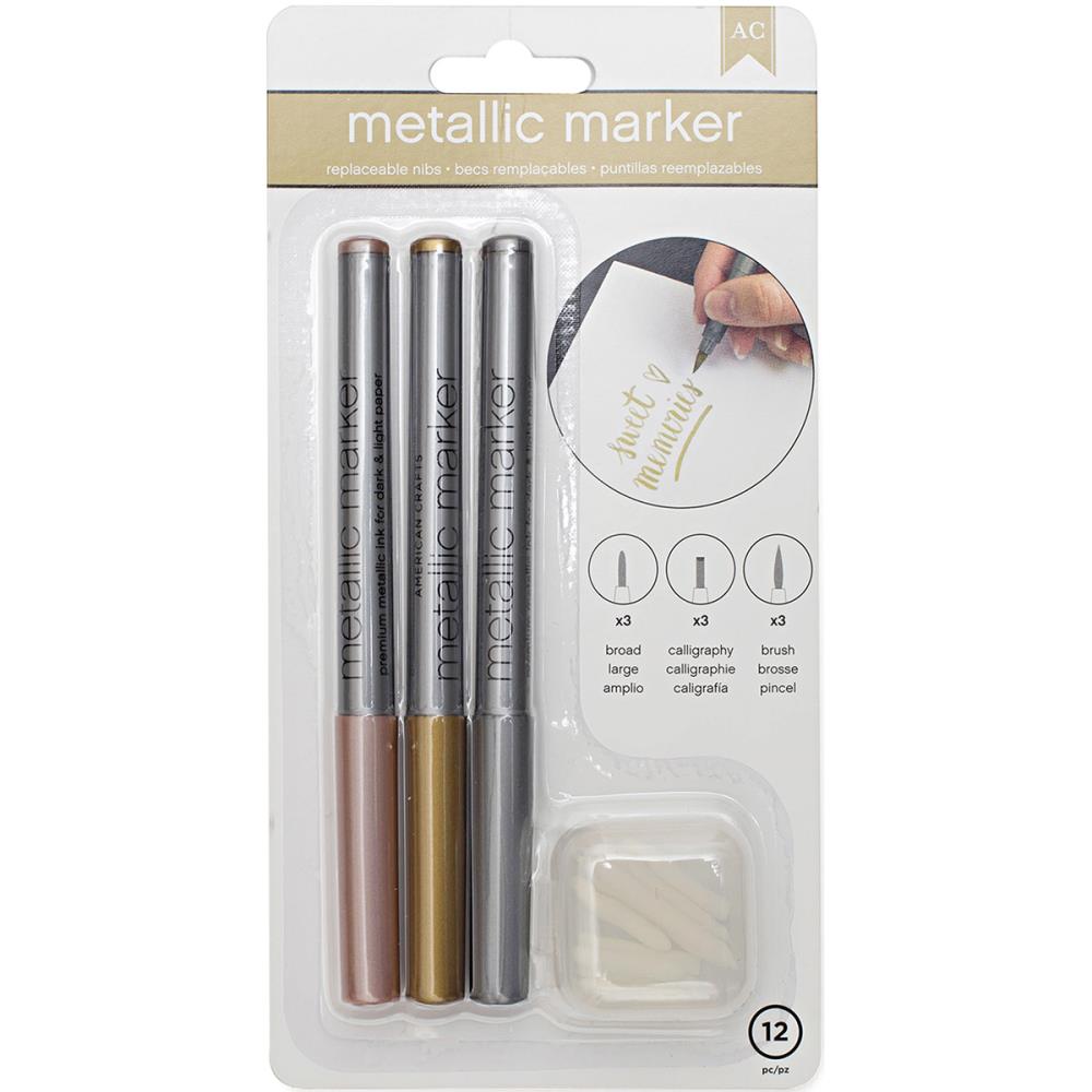 AC METALLIC MARKERS Broad Brush Calligraphy W/Replaceable Nibs 12pc