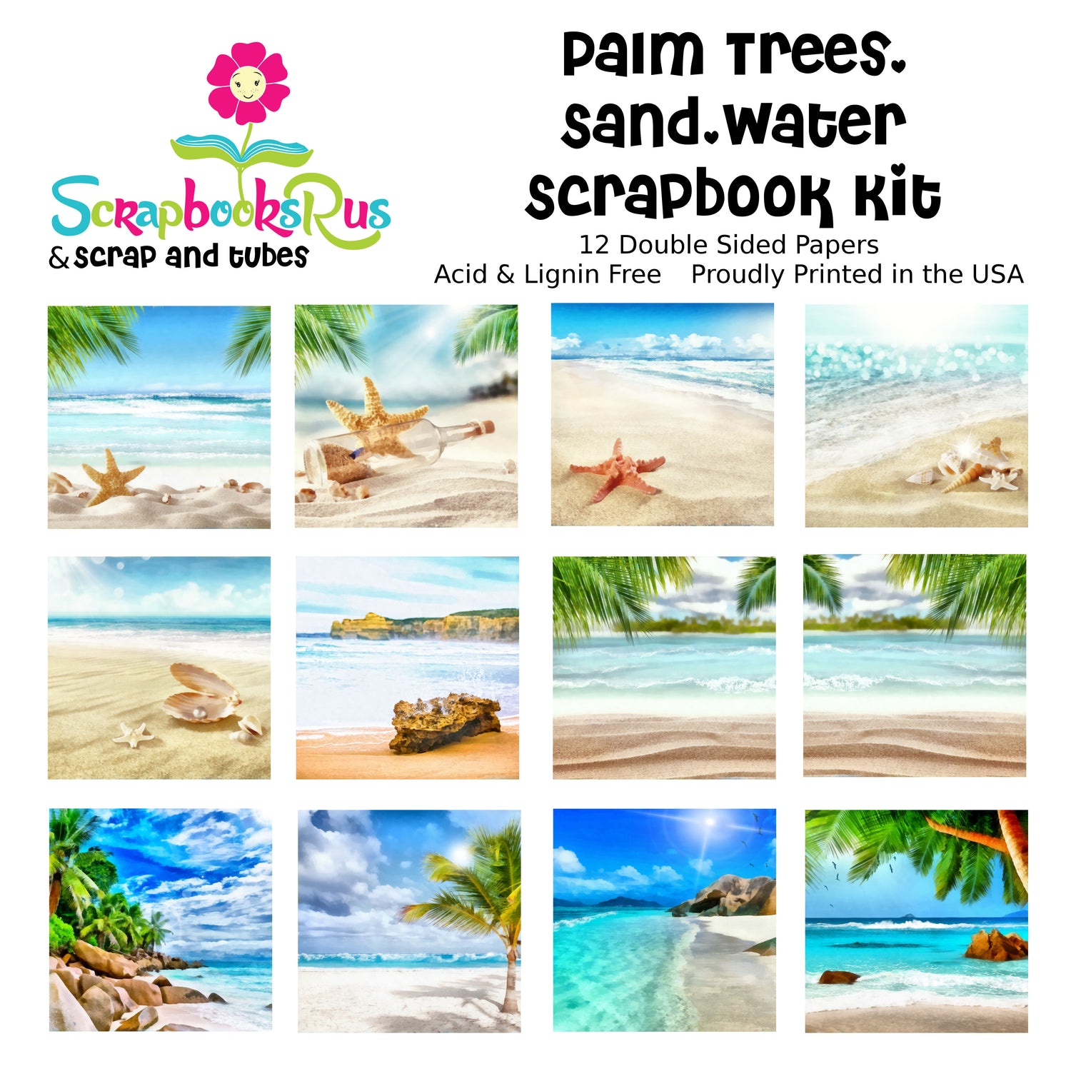 Scrapbooksrus PALM TREES SAND WATER SCRAPBOOK KIT 12pc 12&quot;x12&quot; Papers