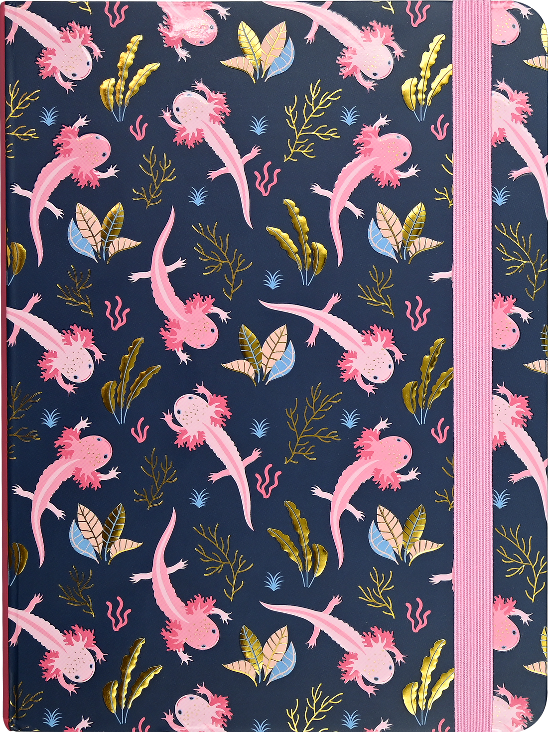 Notebook with axolotl and seaweed pattern on a dark blue background