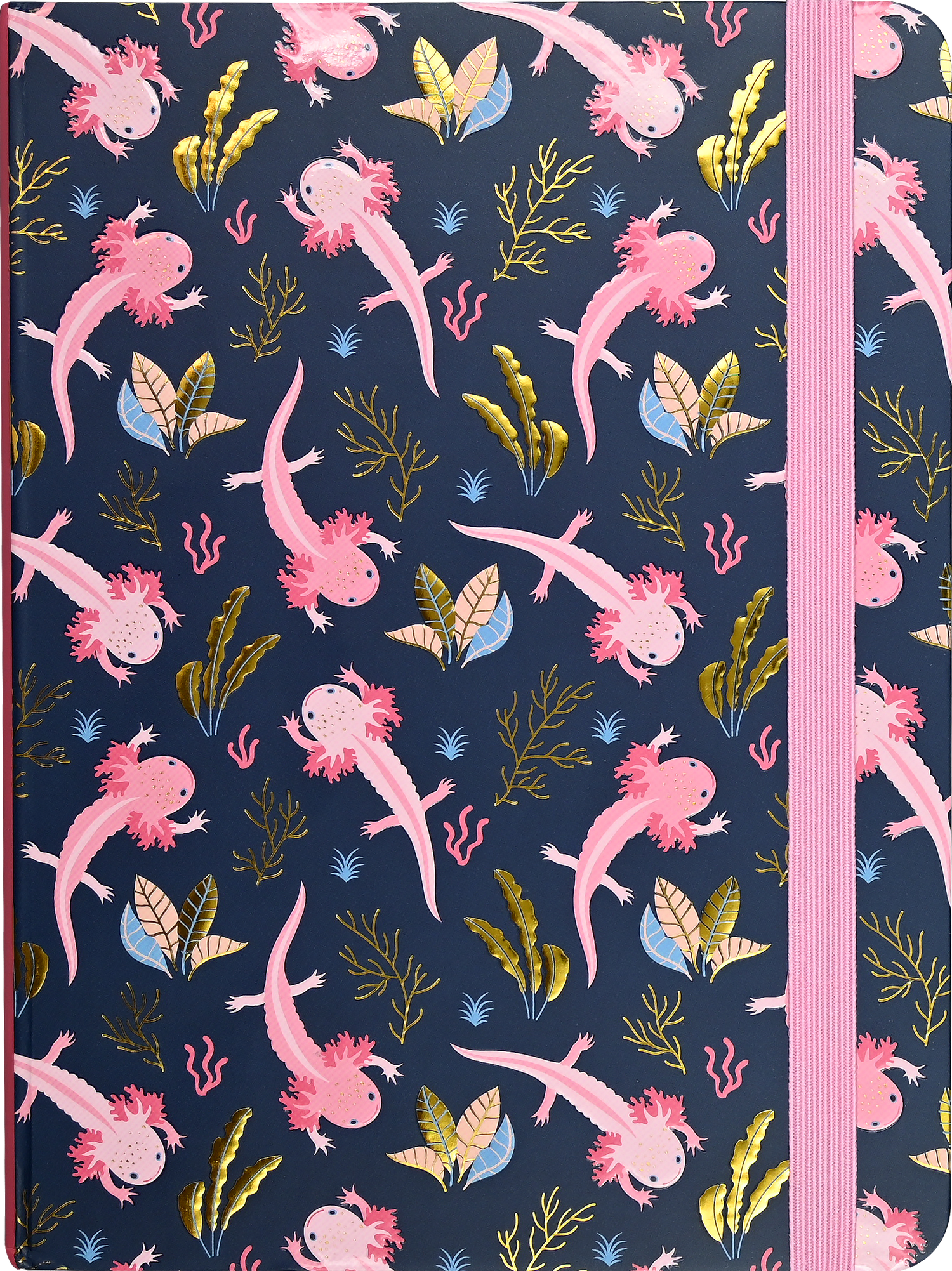 Notebook with axolotl and seaweed pattern on a dark blue background