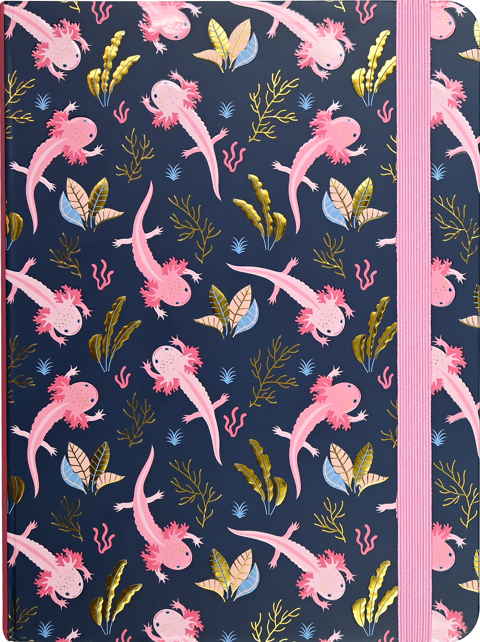 Notebook with axolotl and seaweed pattern on a dark blue background