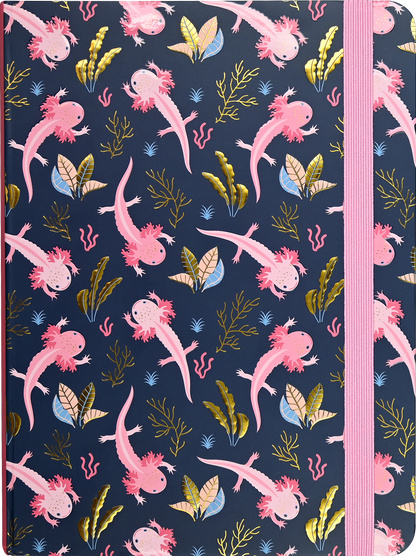 Notebook with axolotl and seaweed pattern on a dark blue background