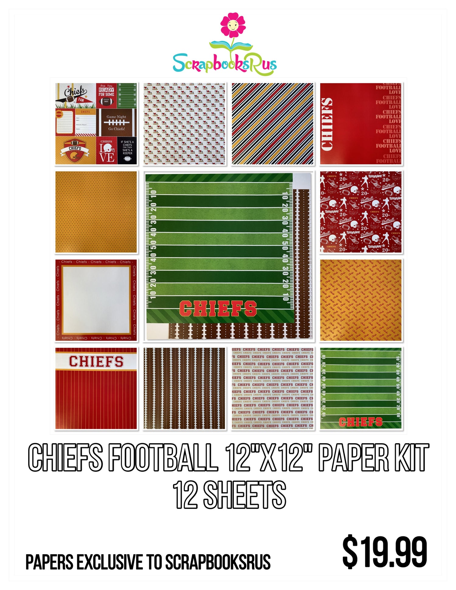 Scrapbooksrus CHIEFS FOOTBALL 12"X12" Scrapbook Paper Kit 12 Sheets