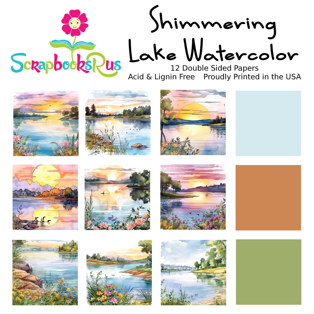 Scrapbooksrus SHIMMERING LAKE WATERCOLOR KIT 12pc 12&quot;x12&quot; Scrapbook Paper