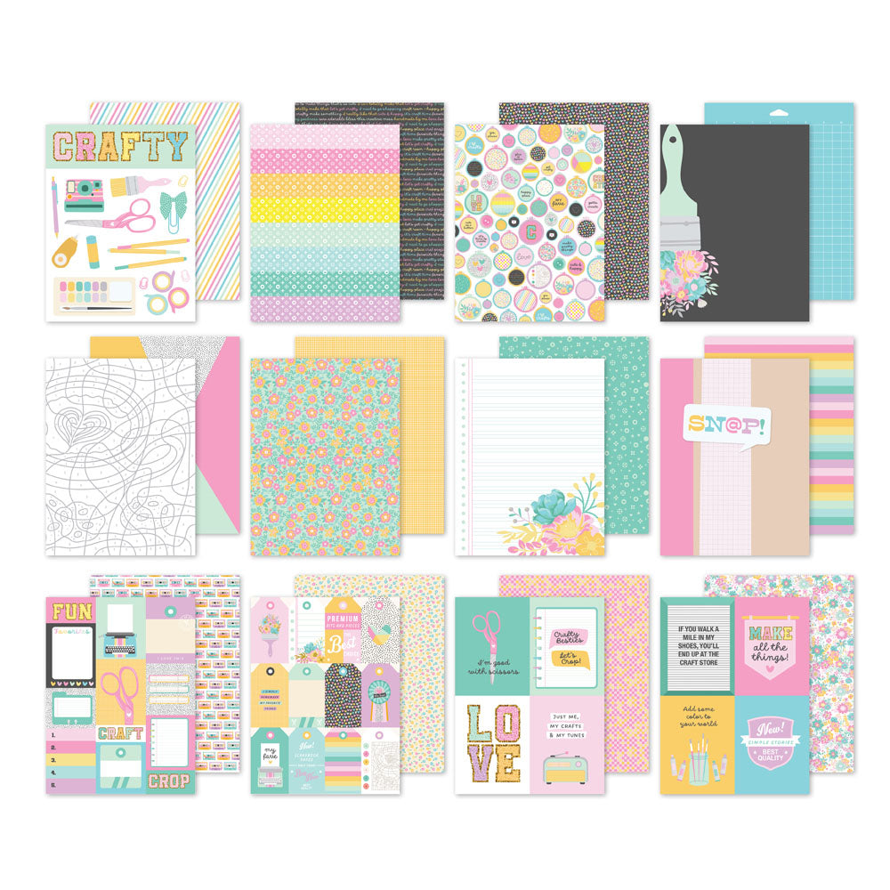 Collection of colorful stationery items including notebooks, planners, and decorative papers on a white background.