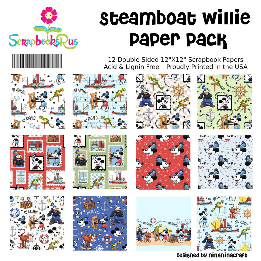 Scrapbooksrus STEAMBOAT WILLIE SCRAPBOOK KIT 12pc 12"x12" Paper Pack Classic Mickey Mouse