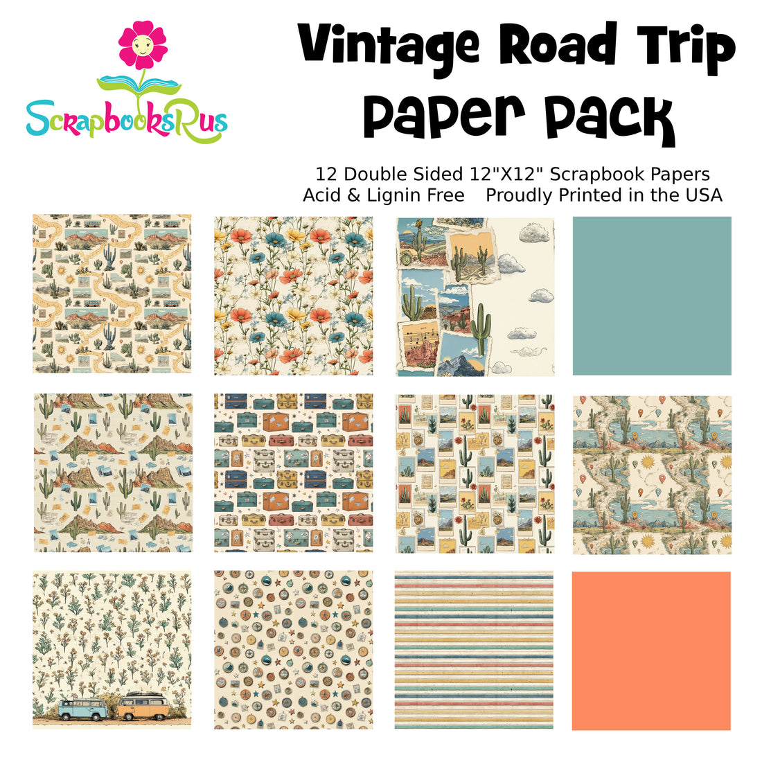 Scrapbooksrus VINTAGE ROAD TRIP 12pc 12"X12" Scrapbook Paper Pack