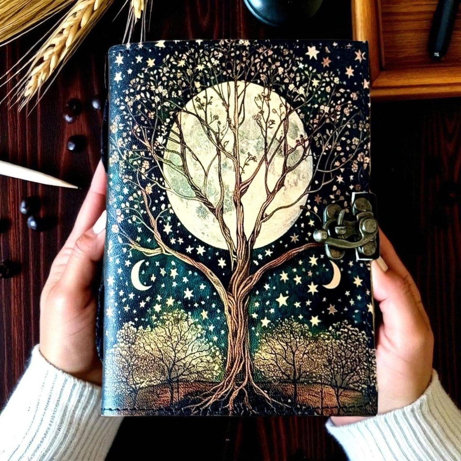 Soft Leather Journal Grimoire TREE OF LIFE Blank Lock A7