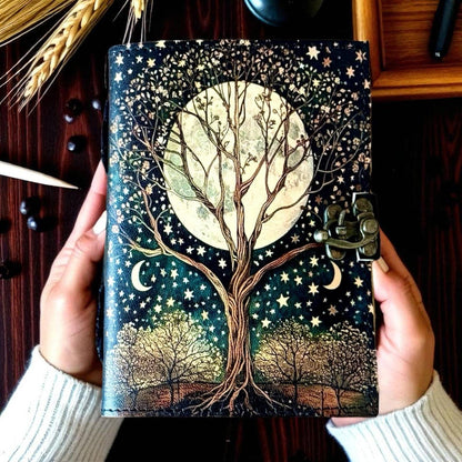 Soft Leather Journal Grimoire TREE OF LIFE Blank Lock A7