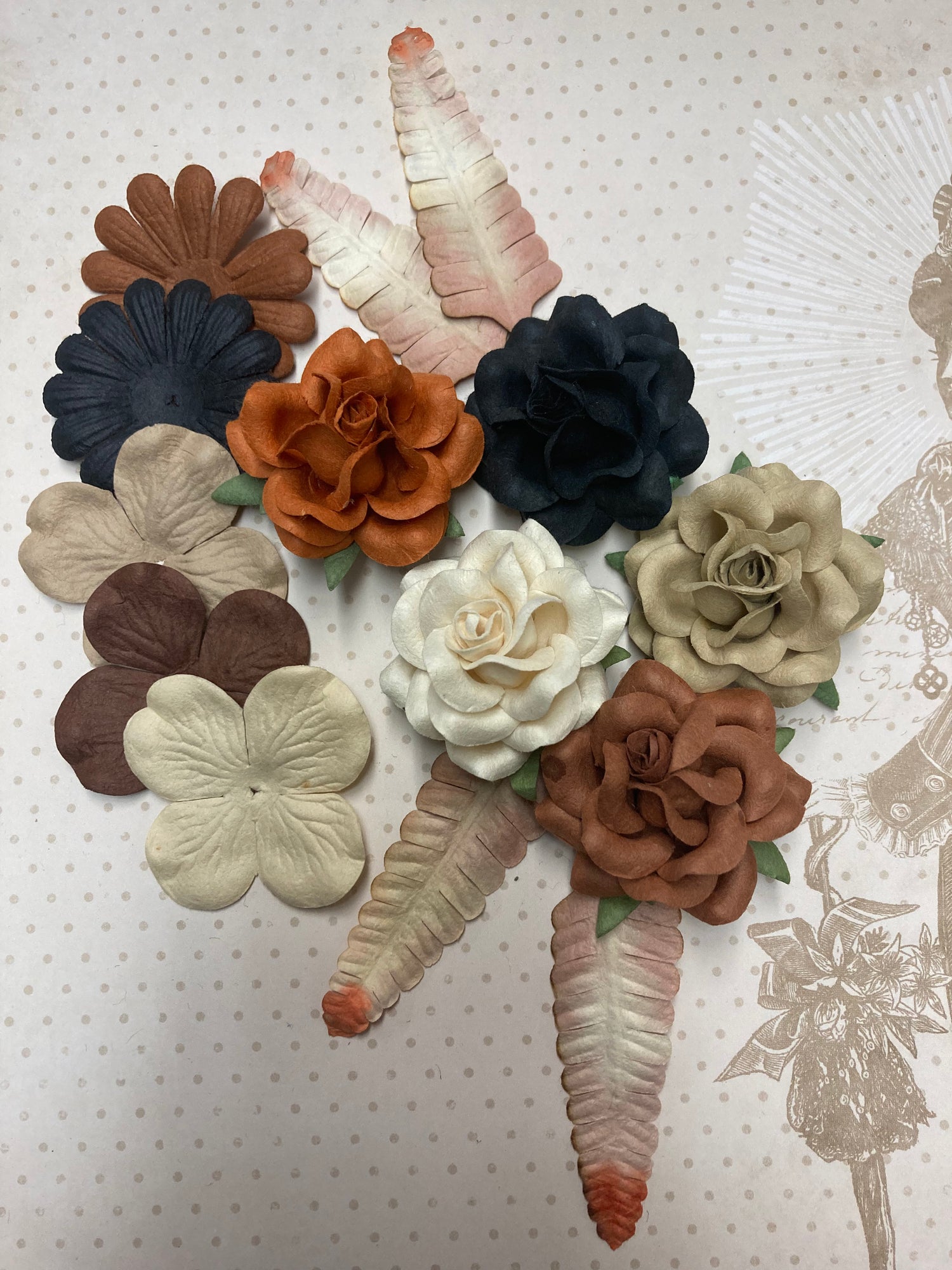 Sweet Roses Flowers Leaves BROWNS 14pc