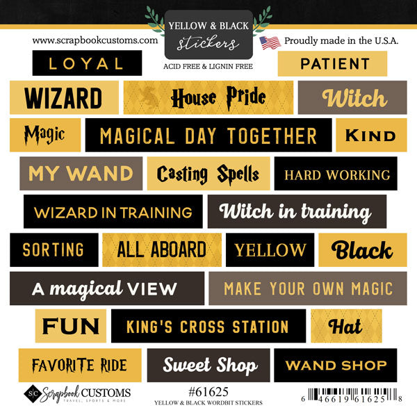 Scrapbook Customs 6X6 YELLOW &amp; BLACK WORDBIT Harry Potter Sticker 25pc