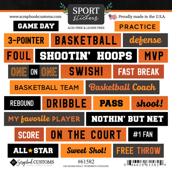 Scrapbook Customs 6X6 BASKETBALL WORDBITS STICKER 25pc