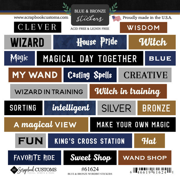 Scrapbook Customs 6X6 BLUE &amp; BRONZE WORDBIT Harry Potter Sticker 25pc