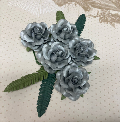 Sweet Roses METALLIC SILVER 4” Fern Leaves 9pc