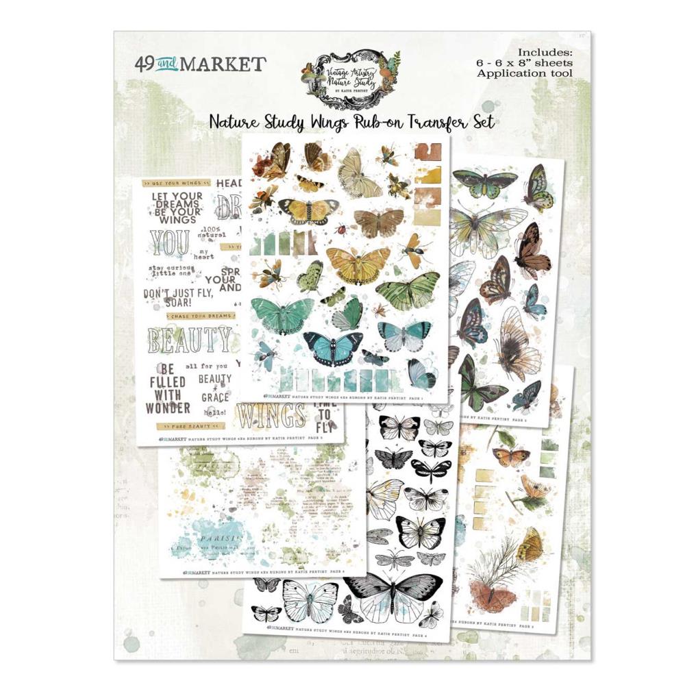 49 and Market Vintage Artistry 6X8 NATURE STUDY WINGS RUB-ON Transfer Set