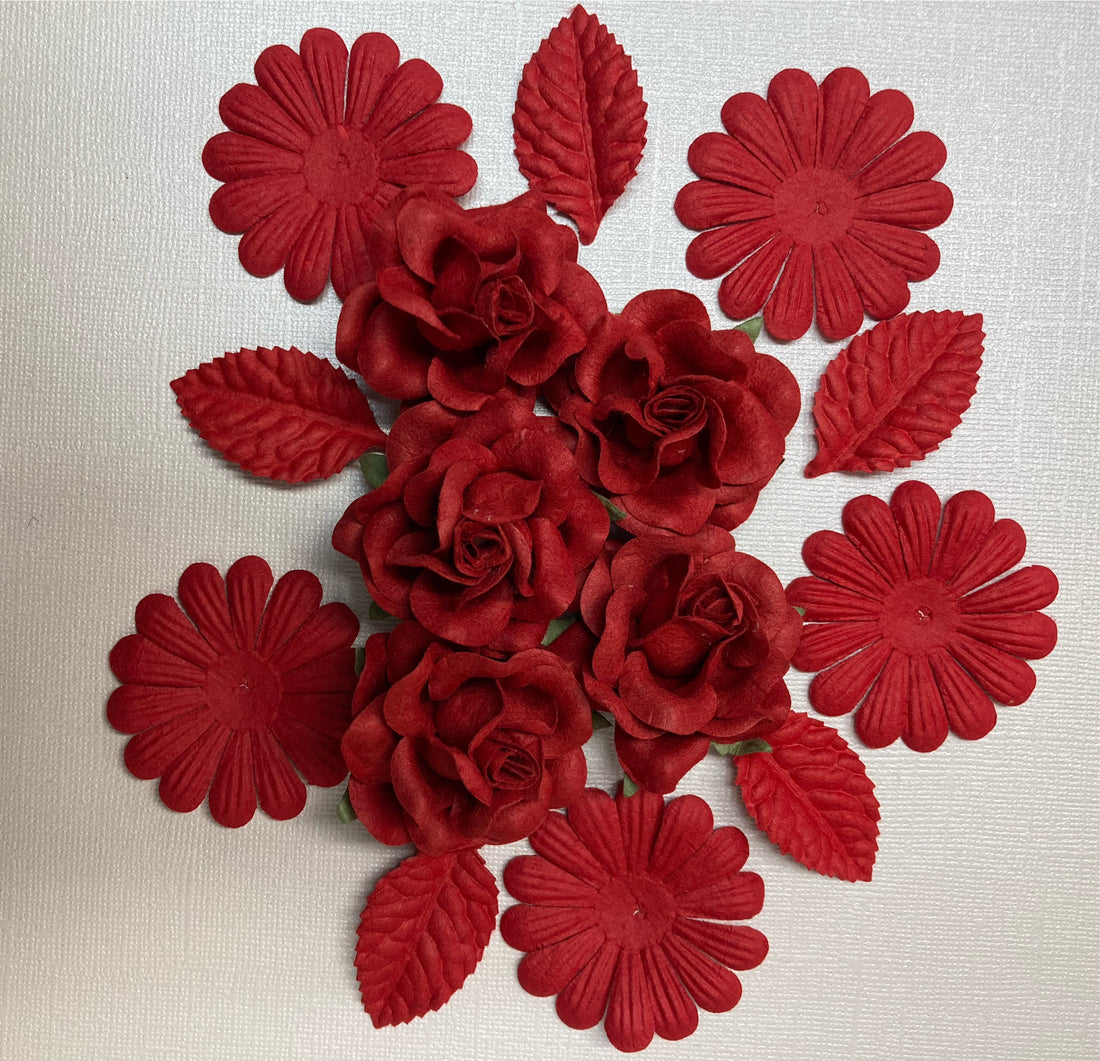 Sweet Roses Leaves Daisies RED 15pc