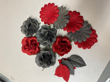 Sweet Roses Leaves Daisies RED &amp; GREY 15pc