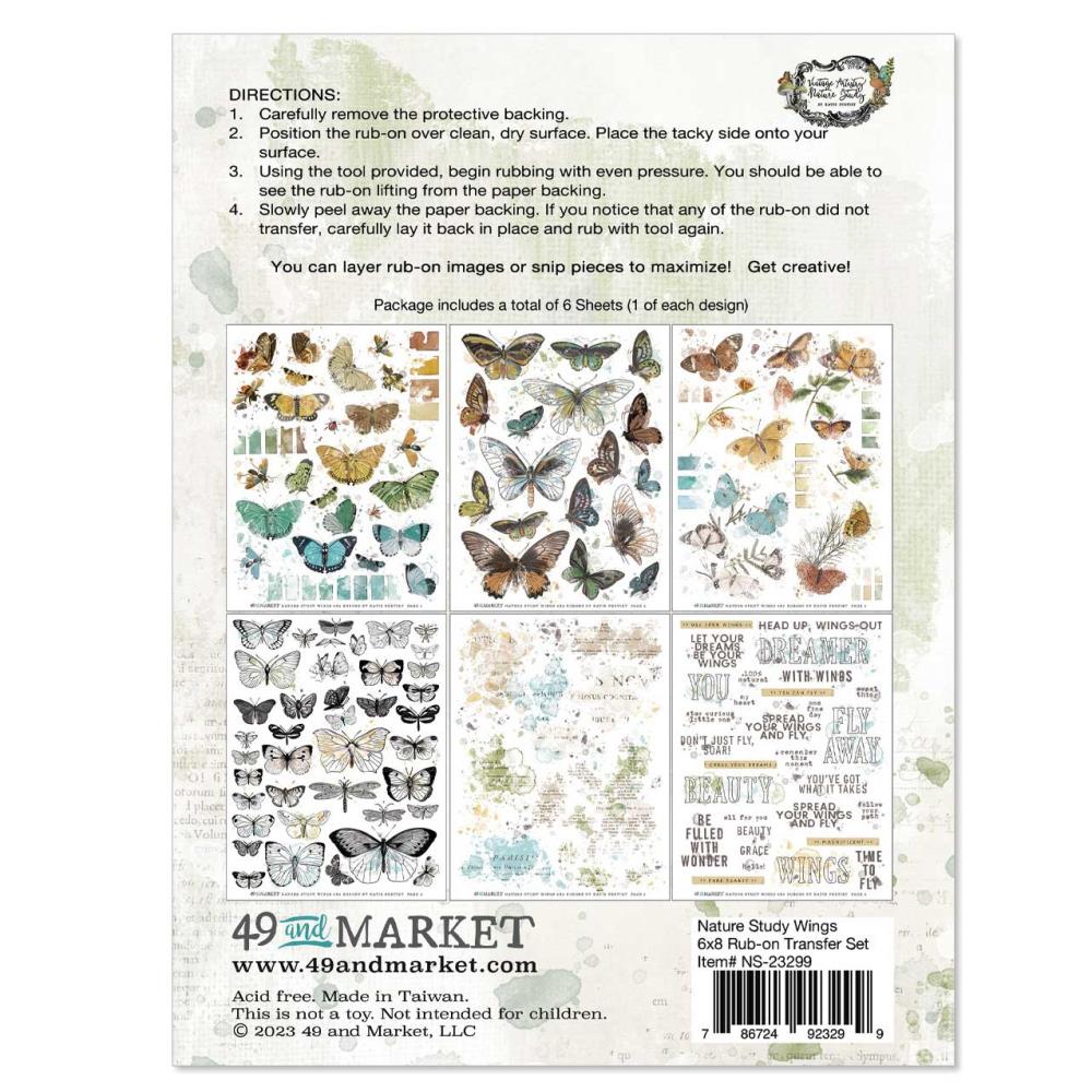 49 and Market Vintage Artistry 6X8 NATURE STUDY WINGS RUB-ON Transfer Set