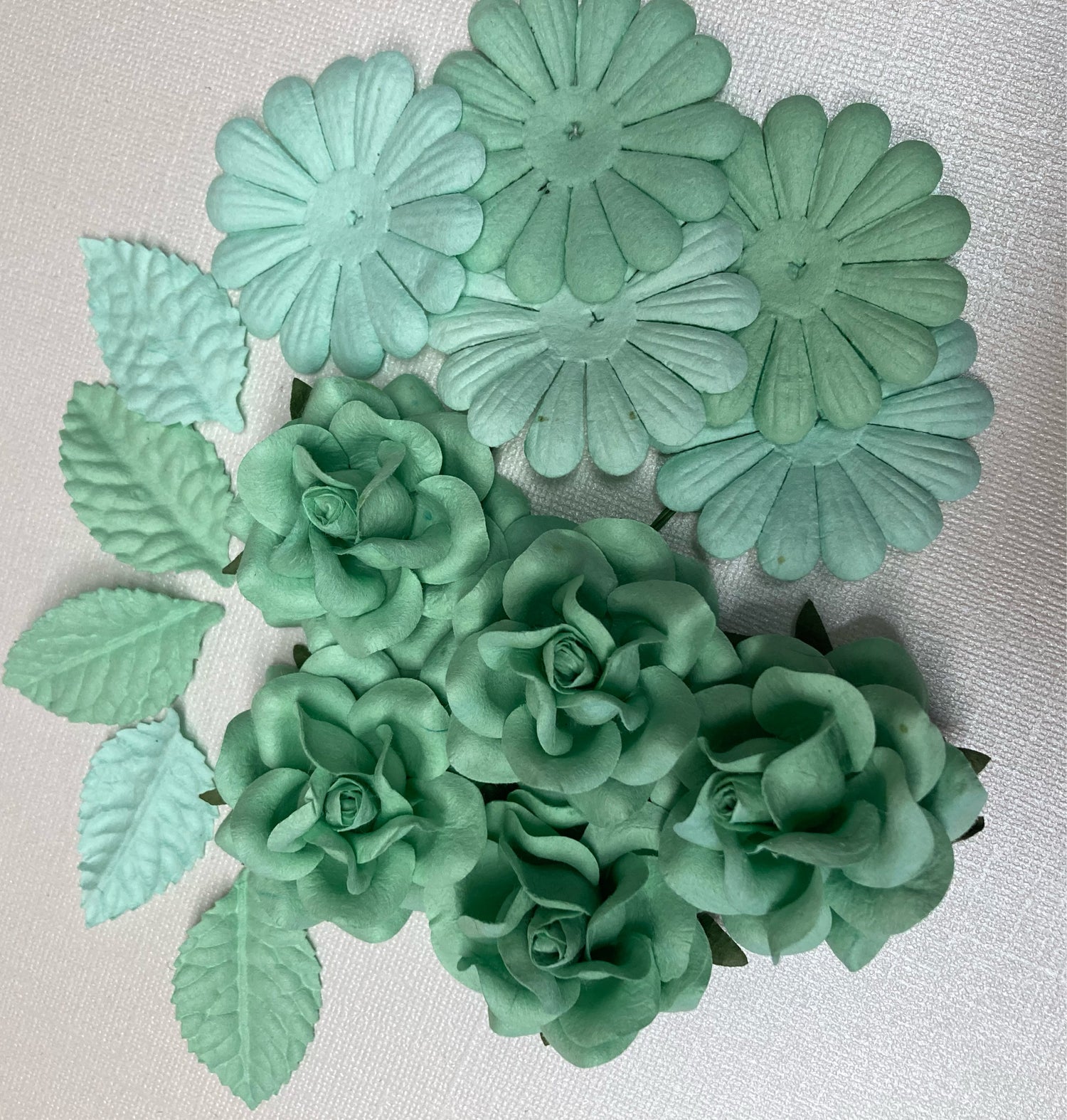 Sweet Roses Leaves Daisies SEAFOAM MINT 15pc