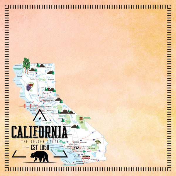 CALIFORNIA POSTAGE MAP - PEACH Double Sided 12"X12" Scrapbook Travel Paper Scrapbooksrus
