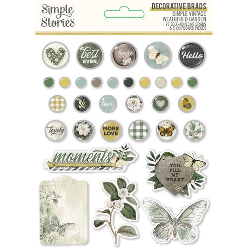 Simple Stories SIMPLE VINTAGE WEATHERED GARDEN Decorative Brads &amp; Chipboard Pieces Scrapbooksrus 