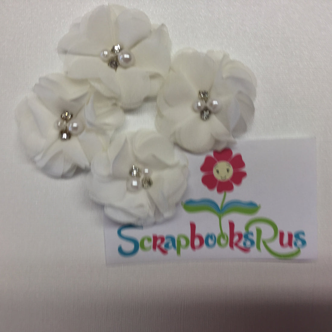 Chiffon Fabric Flowers WHITE with Pearl & Rhinestone Centers 4pc Scrapbooksrus
