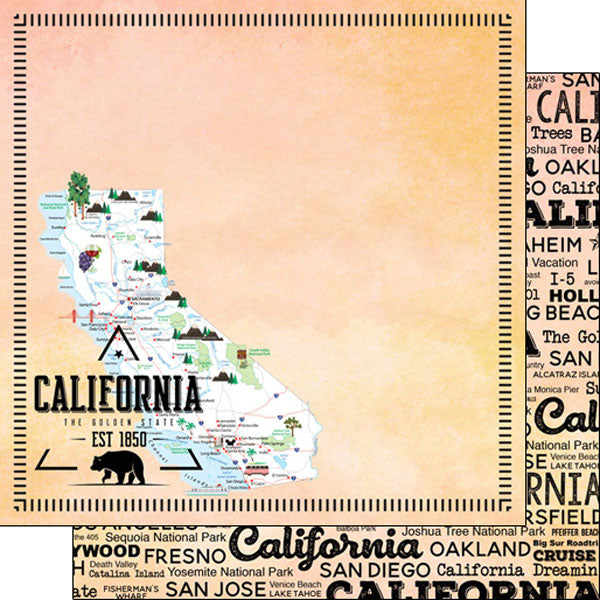 CALIFORNIA POSTAGE MAP - PEACH Double Sided 12"X12" Scrapbook Travel Paper Scrapbooksrus