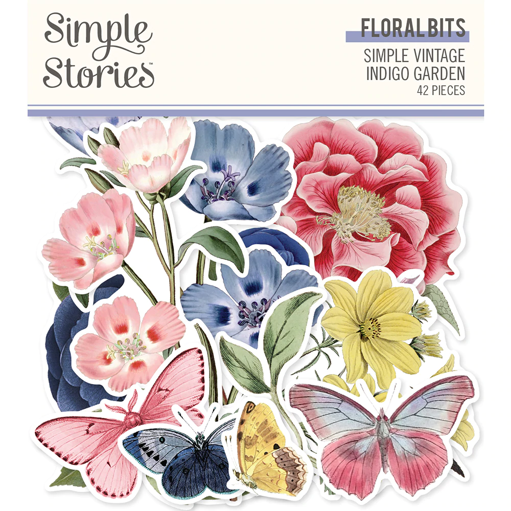 Simple Stories Simple Vintage Indigo Garden FLORAL BITS Die-Cuts 42pc Scrapbooksrus 