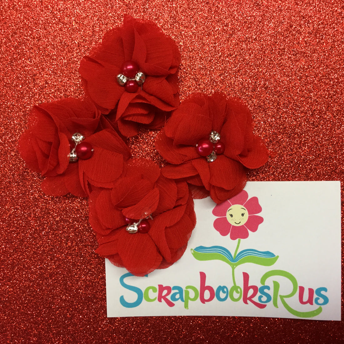 Chiffon Fabric Flowers RED with Pearl & Rhinestone Centers 4pc Scrapbooksrus