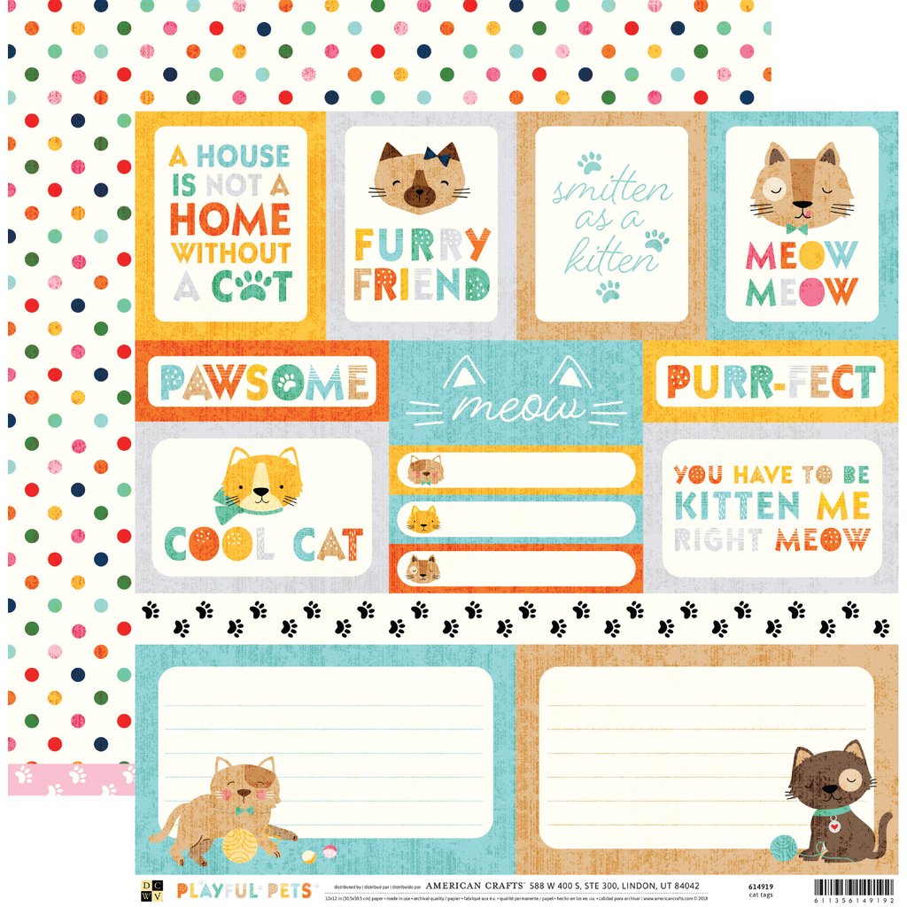 DCWV Playful Pets CAT TAGS 12”x12” Scrapbook Paper Scrapbooksrus