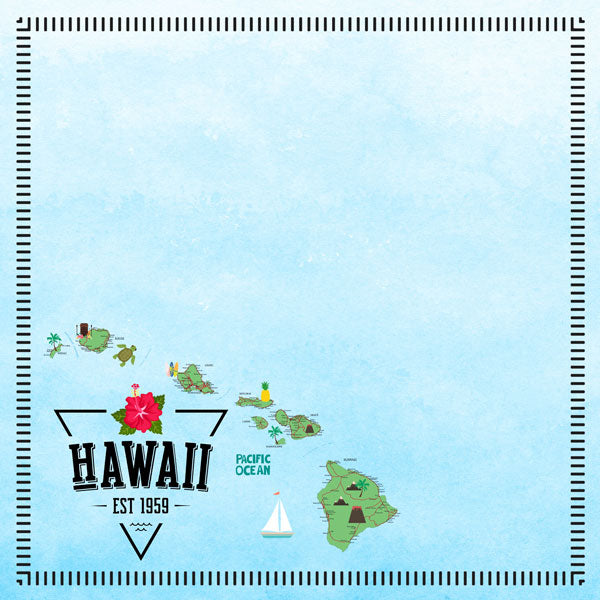 HAWAII  POSTAGE MAP - BLUE Double Sided 12&quot;X12&quot; Scrapbook Travel PaperScrapbooksrus 