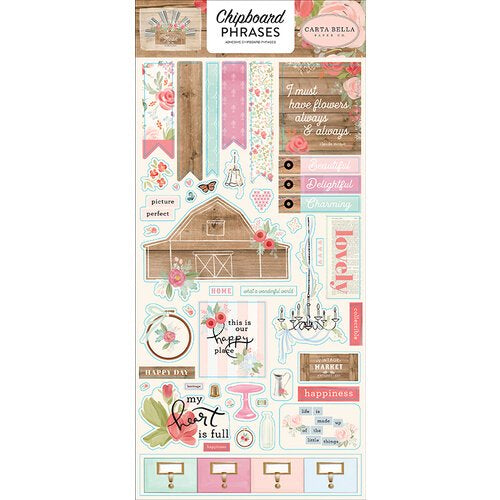 Carta Bella 6&quot;x12&quot; FARMHOUSE MARKET Chipboard Phrases Sticker 45pc Scrapbooksrus 