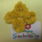 Chiffon Fabric Flowers YELLOW with Pearl & Rhinestone Centers 4pc Scrapbooksrus 
