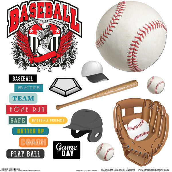 BASEBALL ELEMENTS Sticker Cut Outs  12"X12" Scrapbook Customs Scrapbooksrus