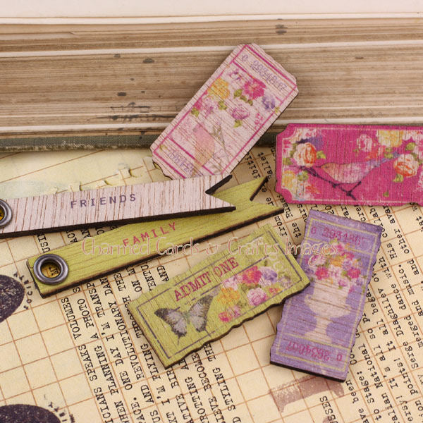 Prima WOOD TICKETS Embellishments 6pc Scrapbooksrus 