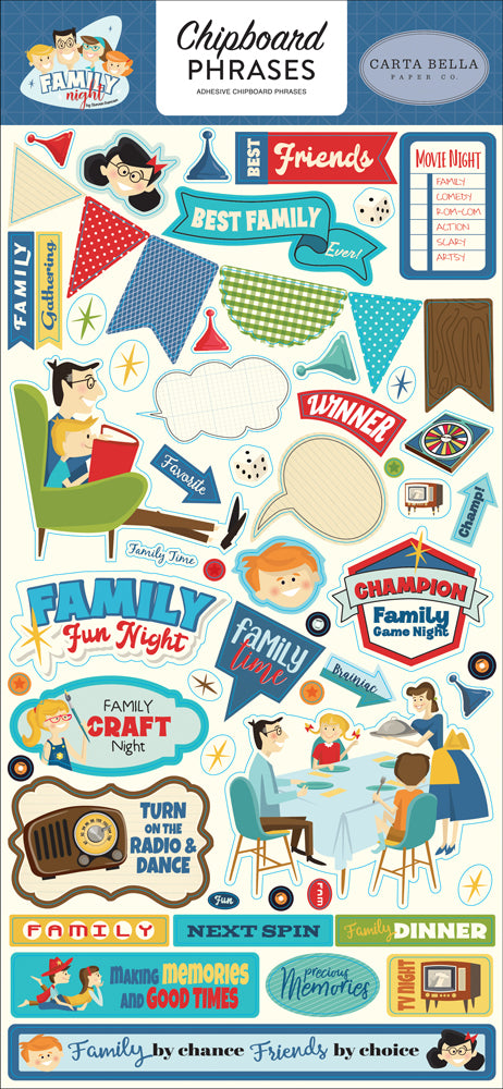 Carta Bella 6"x12" FAMILY NIGHT Chipboard Phrases Sticker 60pc Scrapbooksrus