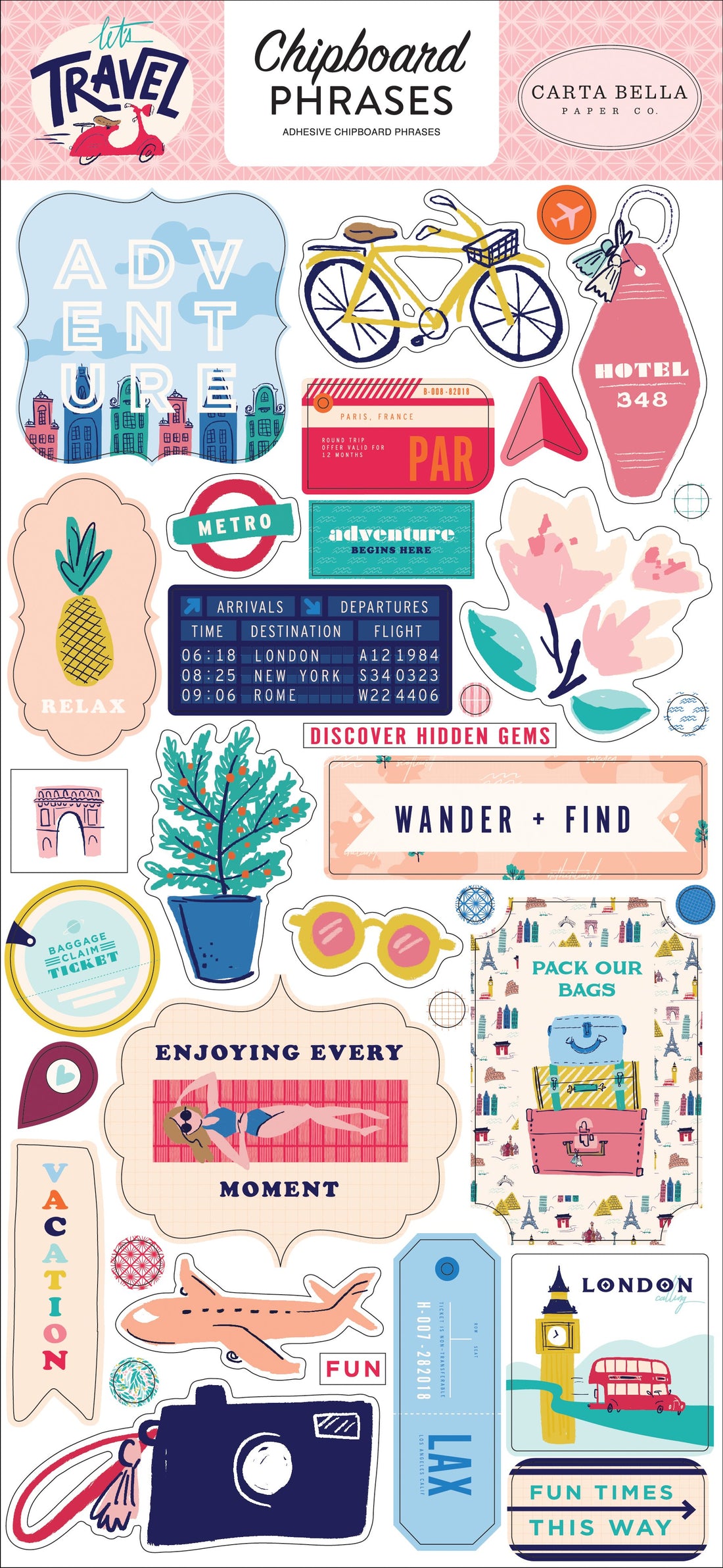 Carta Bella 6"x12" LET’S TRAVEL II Chipboard Phrases Sticker 36 pc Scrapbooksrus