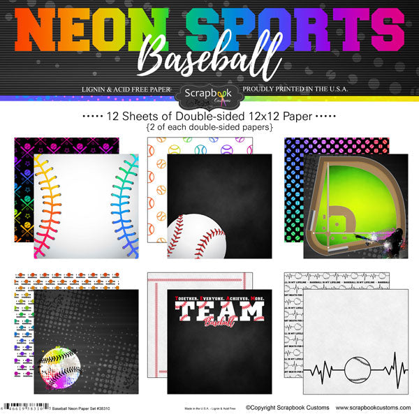 NEON SPORTS BASEBALL KIT 12&quot;X12&quot; Scrapbook Paper 12 Sheets Scrapbooksrus 