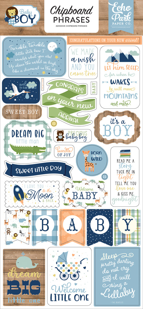 Echo Park 6&quot;x12&quot; BABY BOY Chipboard  Phrases 28pc Scrapbooksrus 