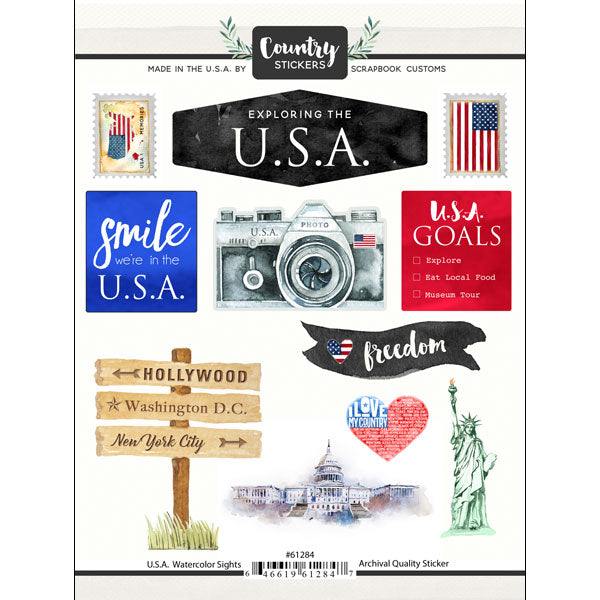 Country Stickers USA WATERCOLOR SIGHTS 18 pc Scrapbook Customs Scrapbooksrus