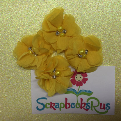 Chiffon Fabric Flowers YELLOW with Pearl &amp; Rhinestone Centers 4pc Scrapbooksrus 